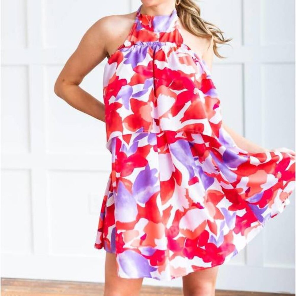 Entro Halter Dress Size L Red Purple Abstract Floral Mini Layered Party Vacation